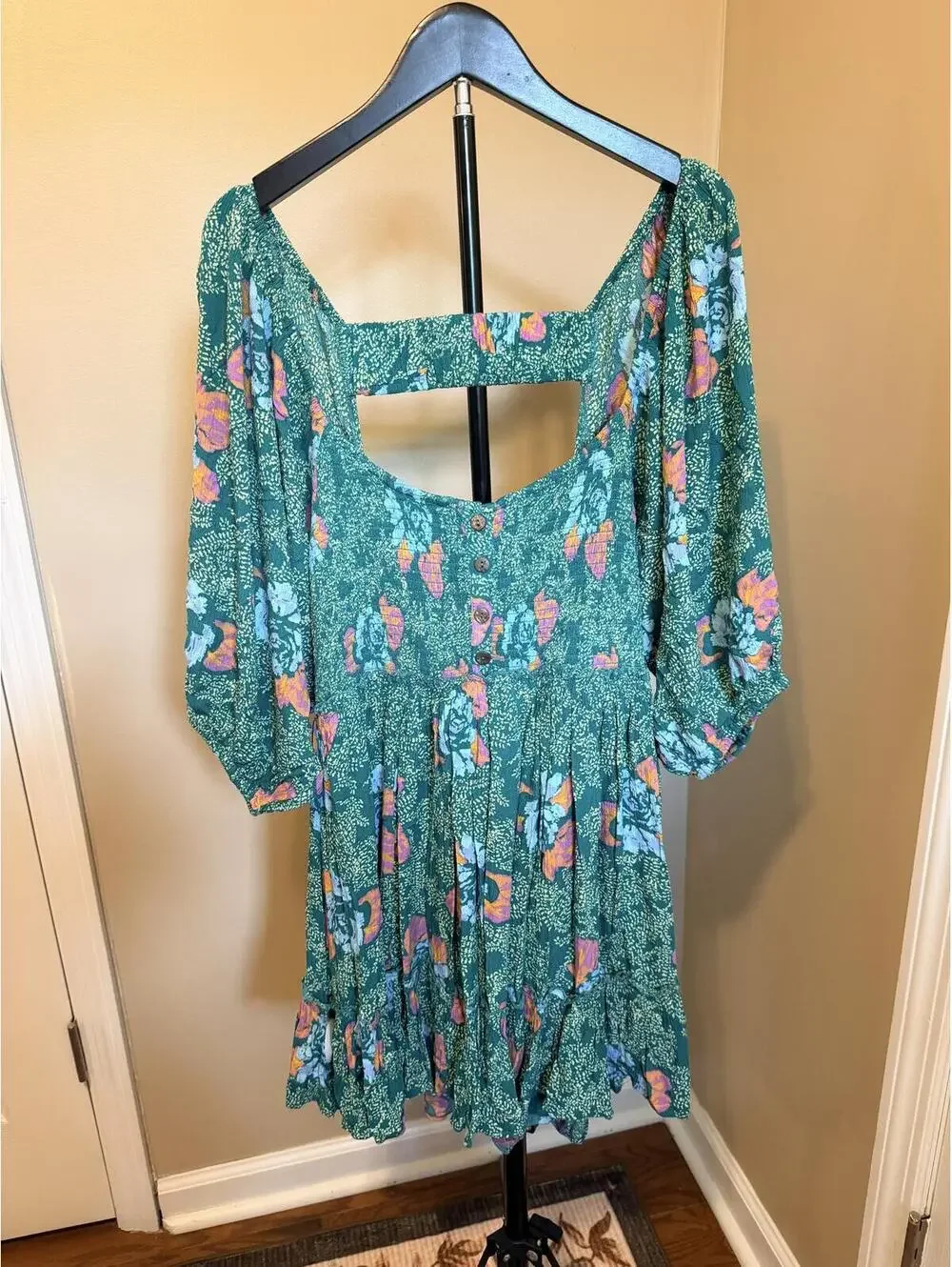 Free People NWT Green Floral Babydoll Mini Dress Size Large Boho Cottagecore